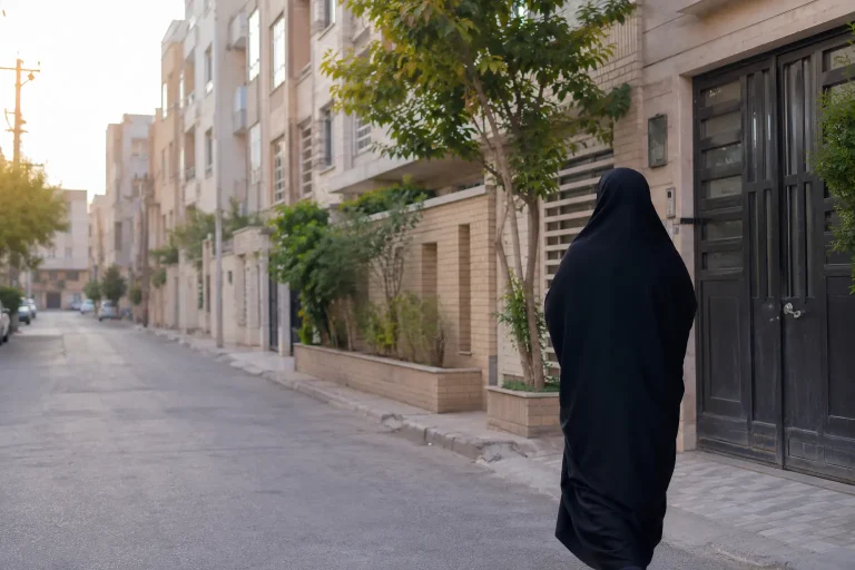 تصویرسازی بانویی چادری از پشت در جست‌وجوی خانه امن